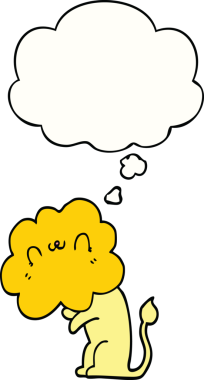 Bir insan tarafından çizilmiş düşünce baloncuklu çizgi film aslanı.