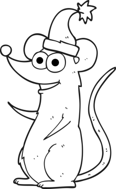 Bir insan tarafından çizilmiş Noel şapkası takan siyah beyaz bir fare çizildi.