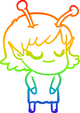 Bir insan tarafından çizilmiş gülümseyen uzaylı kız çizgi filmi.