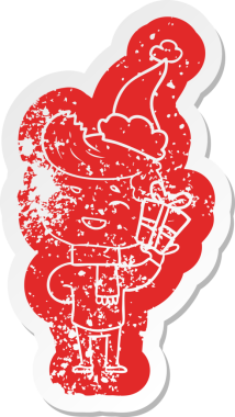 Garip bir karikatür. Bir insanın çizdiği Noel Baba şapkasıyla gülen bir adamın çıkartması.