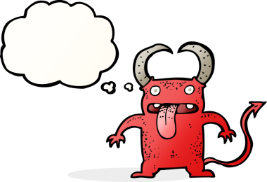 Bir insan tarafından çizilmiş düşünce baloncuğu olan küçük bir şeytan.