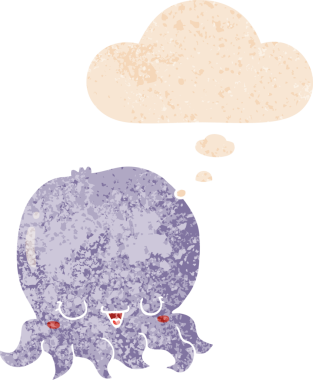 Düşünce baloncuklu çizgi film denizanası grunge sıkıntılı retro desenli bir insan tarafından çizilmiş