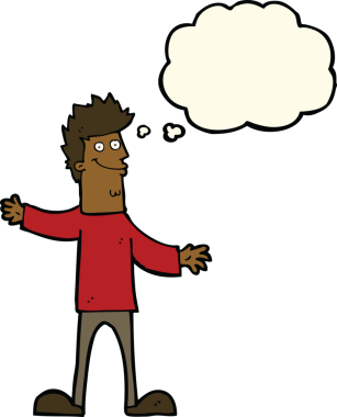 Bir insan tarafından çizilmiş düşünce balonlu mutlu adam çizgi filmi.