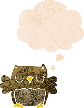 Bir insan tarafından çizilmiş grunge sıkıntılı retro biçimli düşünce baloncuğu ile sevimli çizgi film baykuşu