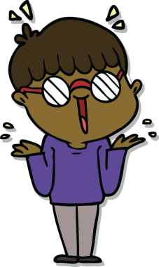 Bir insan tarafından çizilmiş gözlüklü bir çizgi film çocuğunun çıkartması.