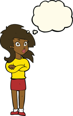 Bir insan tarafından çizilmiş düşünce balonuyla kollarını kavuşturmuş çizgi film kadını.