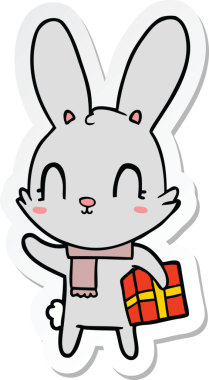 Bir insan tarafından çizilmiş Noel hediyeli şirin bir tavşanın çıkartması.