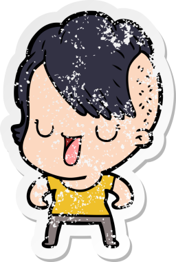 Hipster saç kesimi bir insan tarafından çizilmiş tatlı bir çizgi film kızına ait sıkıntılı bir etiket.