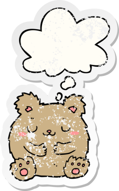 Düşünce baloncuğu olan sevimli çizgi film ayısı bir insan tarafından çizilmiş yıpranmış bir çıkartma gibi.