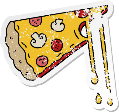 Bir insan tarafından çizilmiş garip bir el çizilmiş peynirli pizzanın sıkıntılı çıkartması