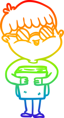 Gökkuşağı gradyan çizgi çizimi, gözlüklü bir çocuğun insan tarafından çizilmiş bir kitabı taşıması.