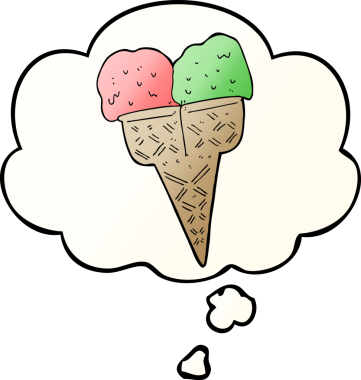 Düşünce baloncuklu çizgi film dondurması bir insan tarafından çizilmiş.