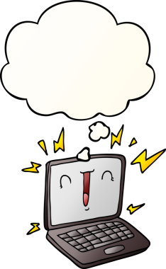 Bir insan tarafından çizilmiş, düşünce baloncuklu çizgi film dizüstü bilgisayarı.