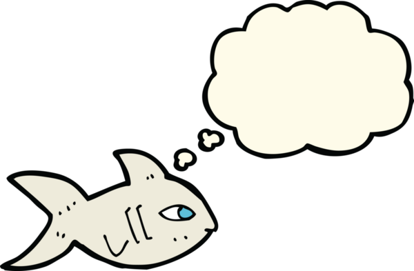Bir insan tarafından çizilmiş düşünce baloncuklu çizgi film balığı.