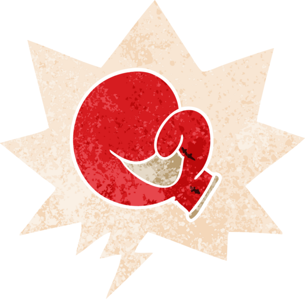 Konuşma baloncuklu boks eldiveni karikatürü. Bir insan tarafından çizilmiş dertli retro tarzı.