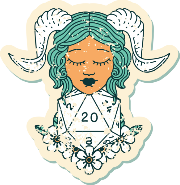 Bir insan tarafından çizilmiş doğal yirmilik zarla süslenmiş grunge çıkartması.