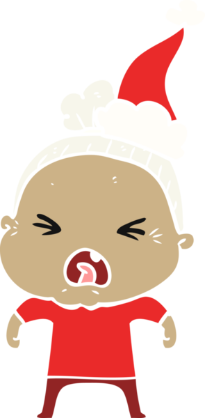 Bir insan tarafından çizilmiş Noel Baba şapkası giyen kızgın yaşlı bir kadının el çizimi düz bir çizim.