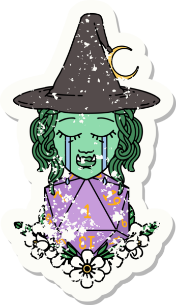 Ağlayan yarım ork bir cadının grunge çıkartması ve bir insan tarafından çizilmiş doğal bir D20 zar.