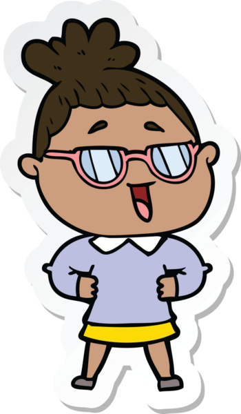 Bir insan tarafından çizilmiş gözlüklü mutlu bir kadının çıkartması.