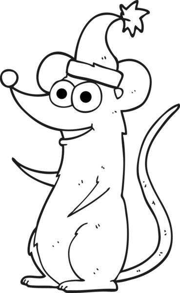 Bir insan tarafından çizilmiş Noel şapkası takan siyah beyaz bir fare çizildi.