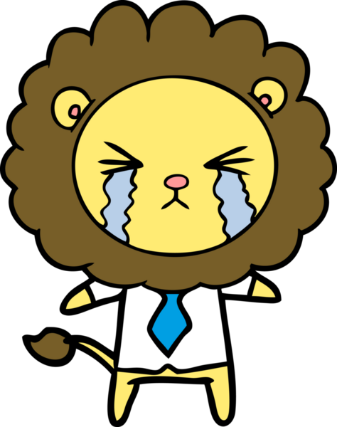 Bir insan tarafından çizilmiş gömlek ve kravat giyen ağlayan bir aslan.