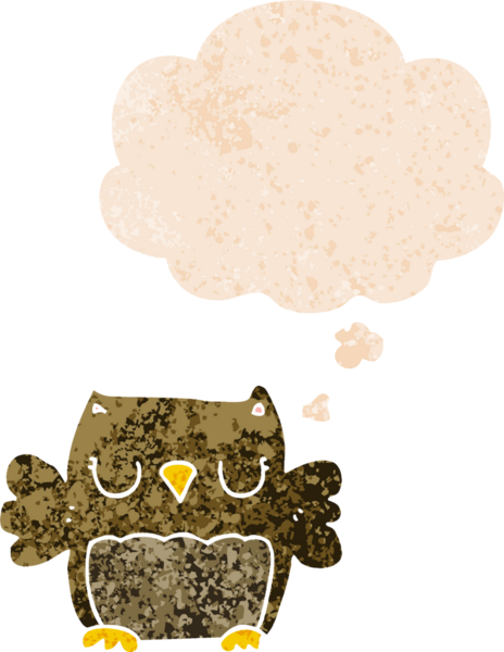 Bir insan tarafından çizilmiş grunge sıkıntılı retro biçimli düşünce baloncuğu ile sevimli çizgi film baykuşu
