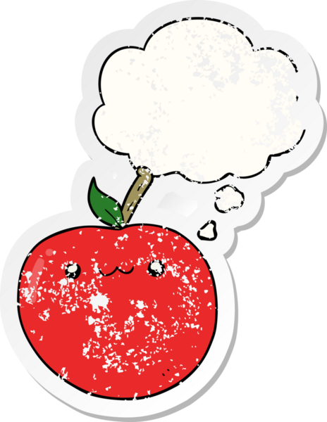 Düşünce baloncuğu olan şirin bir elma, insan tarafından çizilmiş yıpranmış bir çıkartma.