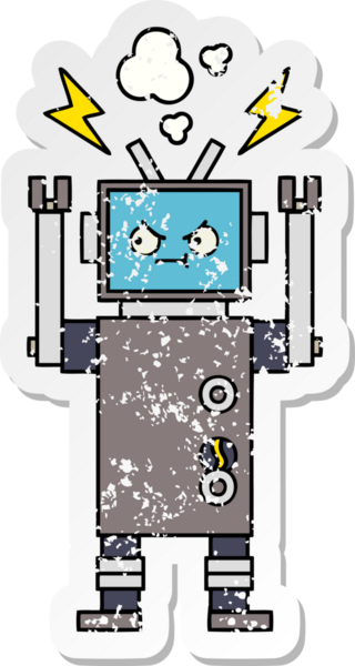 Bir insan tarafından çizilmiş sevimli bir robot çizgi film çıkartması.