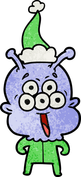 Bir insan tarafından çizilmiş Noel Baba şapkası giyen bir uzaylının çizilmiş mutlu el çizimi karikatürü.