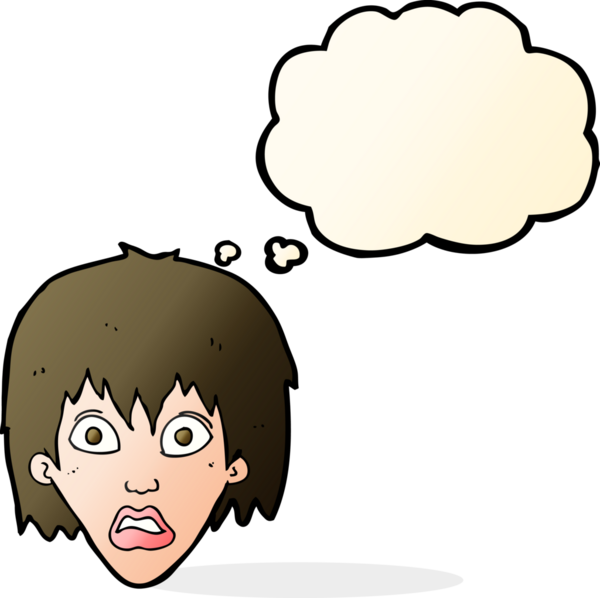 Bir insan tarafından çizilmiş düşünce baloncuğu olan korkmuş bir karikatür.