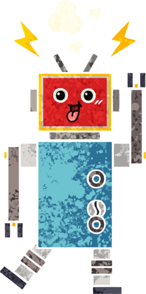 Bir insan tarafından çizilmiş çılgın bir robotun retro çizim tarzı karikatürü.