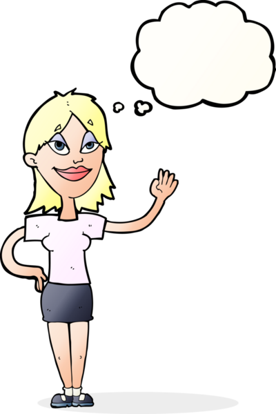 Bir insan tarafından çizilmiş düşünce baloncuğuyla el sallayan çizgi film kadını.