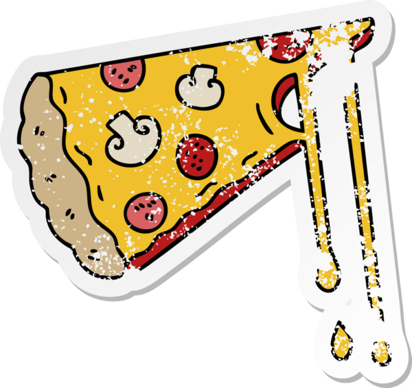 Bir insan tarafından çizilmiş garip bir el çizilmiş peynirli pizzanın sıkıntılı çıkartması