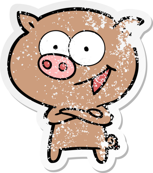 Bir insan tarafından çizilmiş neşeli bir domuz çizgi filminin hüzünlü çıkartması.