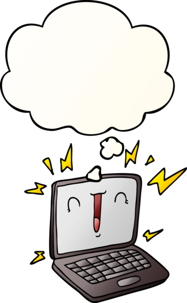 Bir insan tarafından çizilmiş, düşünce baloncuklu çizgi film dizüstü bilgisayarı.