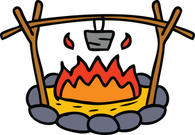 Bir insan tarafından çizilmiş bir kamp alanının el çizimi karikatürü.