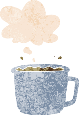 Düşünce baloncuklu çizgi film kahve fincanı grunge sıkıntılı retro dokuma tarzı bir insan tarafından çizilmiş