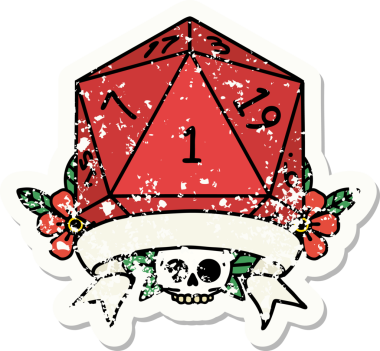 Bir insan tarafından çizilmiş doğal bir d20 zarının grunge çıkartması.