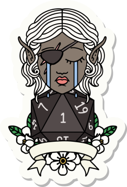 Ağlayan bir elf haydut karakterinin çıkartması. Bir insan tarafından çizilmiş doğal bir D20 rulosu.