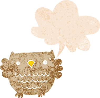 bir insan tarafından çizilmiş grunge sıkıntılı retro desenli konuşma baloncuğu ile çizgi film baykuşu