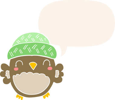 Bir insan tarafından çizilmiş konuşma baloncuğu ile şapkalı sevimli bir baykuş.