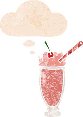 Düşünce baloncuklu çizgi film milkshake 'i grunge' de sıkıntılı retro desenli bir insan çizimi