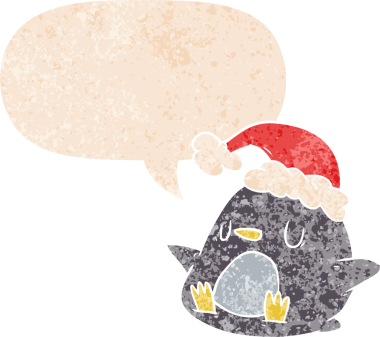 Grunge 'da konuşma baloncuğu olan sevimli çizgi film pengueni bir insan tarafından çizilmiş tedirgin, desenli bir resim.