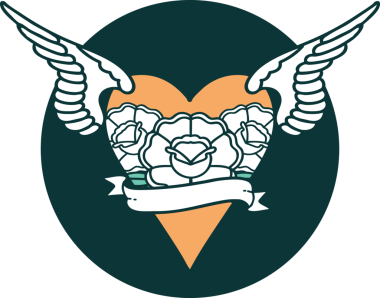 Bir insan tarafından çizilmiş çiçek ve bayrak ile uçan bir kalbin ikonik dövme görüntüsü