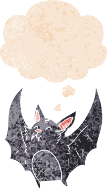 Düşünce baloncuğu ve grunge ile cadılar bayramı yarasası çizgi filmi bir insan tarafından çizilmiş sıkıntılı retro dokuma tarzı