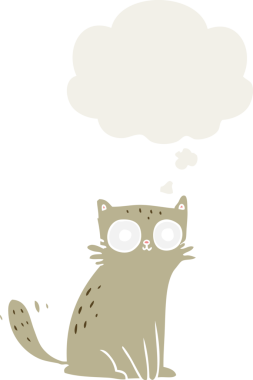 Düşünce baloncuğu olan çizgi film kedisi insan tarafından çizilmiş.