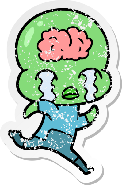 Bir çizgi filmin sıkıntılı çıkartması. Bir insan tarafından çizilmiş büyük beyinli uzaylı ağlaması.