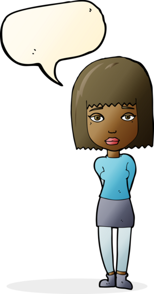 Bir insan tarafından çizilmiş konuşma balonu olan ciddi bir kız çizgi filmi.