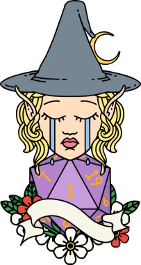 Retro Dövme Tarzı Ağlayan Elf Büyücüsü karakteri yüzü ve bir insan tarafından çizilmiş D20 rulosu