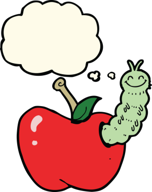 Bir insan tarafından çizilmiş düşünce balonlu elma yiyen çizgi film böceği.